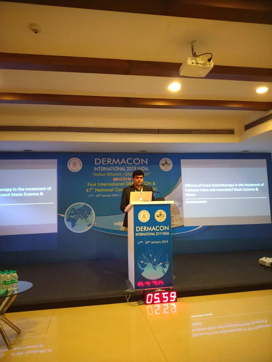 Dermacon International 2019 Bangalore lectern, foam sclerotherapy slide